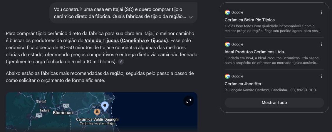 Modo IA do Google respondendo sobre fábricas de tijolo para obra em Itajaí, com fontes à direita: Cerâmica Beira Rio Tijolos, Ideal Produtos Cerâmicos e Cerâmica Jheniffer.